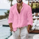 Cotton Linen Shirt for Men Summer Beach Style Solid Color - Image 4
