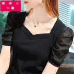 Elegant Women's Sweetheart Neck Puff Sleeve Top Blue Ribbed Slim - Image 2