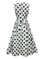 Women's V-Neck Sleeveless Polka Dot Wrap Dress with Waist Tie - Image 5
