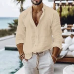 Cotton Linen Shirt for Men Summer Beach Style Solid Color - Image 3