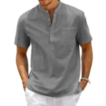 Cotton Linen Shirt Men Henley Neck Pocket Casual Beach - Image 3