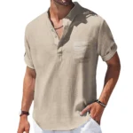 Men's Cotton and Linen Shirts Short-Sleeved T-shirt Henry Collar - Image 5