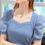 Elegant Women's Sweetheart Neck Puff Sleeve Top Blue Ribbed Slim