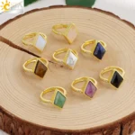 Natural Stone Ring for Men Women Faceted Crystal Healing Tiger Eye Pink Quartz Luxury Gold Color Rings Jewelry Accessorise H546 - Image 2