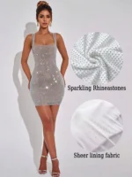 Fashionable Rhinestone Solid Color Backless Spaghetti Strap Sexy Sleeveless Dress, - Image 5