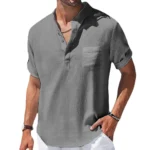 Men's Cotton and Linen Shirts Short-Sleeved T-shirt Henry Collar - Image 2