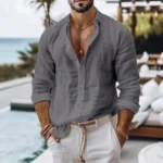 Cotton Linen Shirt for Men Summer Beach Style Solid Color - Image 5