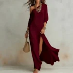 2026 European and American - Summer New Style Elegant Long-sleeved Knitted Pleated Split Women's Dress - Image 4