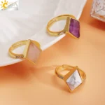 Natural Stone Ring for Men Women Faceted Crystal Healing Tiger Eye Pink Quartz Luxury Gold Color Rings Jewelry Accessorise H546 - Image 3