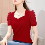 Elegant Women's Sweetheart Neck Puff Sleeve Top Blue Ribbed Slim - Image 4