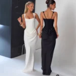 Suninheart White Women's Maxi Dress Elegat Lace Up Dress Slim Formal Wedding Guest Party Dress - Image 2