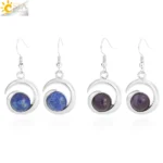CSJA Natural Stone Dangle Earrings for Women Cabochon Bead Pendant Pink Quartz Crystal Drop Earring Accessorise Jewelry H354