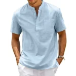 Cotton Linen Shirt Men Henley Neck Pocket Casual Beach - Image 4