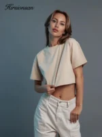 Hirsionsan 100% Cotton Short T Shirt Women 2024 New Y2k Summer Basic Vintage Tees Casual Loose Chic O Neck Female Crop Tops - Image 3