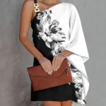One Shoulder Floral Print Asymmetrical Mini Dress Women Batwing Sleeve Loose - Image 4