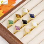 Natural Stone Ring for Men Women Faceted Crystal Healing Tiger Eye Pink Quartz Luxury Gold Color Rings Jewelry Accessorise H546