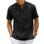 Cotton Linen Shirt Men Henley Neck Pocket Casual Beach - Image 2