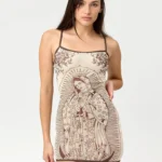 Nibber High Elasticity Dress Women Art Print Low-Neck See Through Skinny