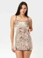 Nibber High Elasticity Dress Women Art Print Low-Neck See Through Skinny
