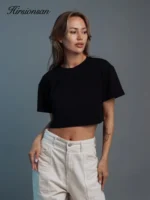 Hirsionsan 100% Cotton Short T Shirt Women 2024 New Y2k Summer Basic Vintage Tees Casual Loose Chic O Neck Female Crop Tops - Image 2