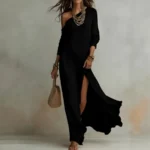 2026 European and American - Summer New Style Elegant Long-sleeved Knitted Pleated Split Women's Dress - Image 3