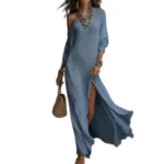 2026 European and American - Summer New Style Elegant Long-sleeved Knitted Pleated Split Women's Dress - Image 5