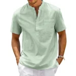 Cotton Linen Shirt Men Henley Neck Pocket Casual Beach - Image 5