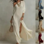 2026 European and American - Summer New Style Elegant Long-sleeved Knitted Pleated Split Women's Dress