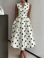 Women's V-Neck Sleeveless Polka Dot Wrap Dress with Waist Tie
