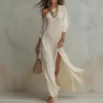 2026 European and American - Summer New Style Elegant Long-sleeved Knitted Pleated Split Women's Dress - Image 2