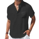 Men's Cotton and Linen Shirts Short-Sleeved T-shirt Henry Collar - Image 3