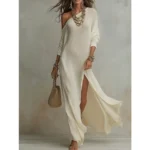 2026 European and American - Summer New Style Elegant Long-sleeved Knitted Pleated Split Women's Dress - Image 6