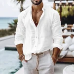 Cotton Linen Shirt for Men Summer Beach Style Solid Color