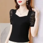 Elegant Women's Sweetheart Neck Puff Sleeve Top Blue Ribbed Slim - Image 5