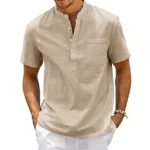 Cotton Linen Shirt Men Henley Neck Pocket Casual Beach